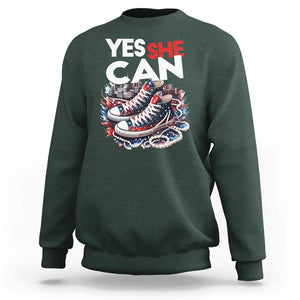 Harris 2024 Sweatshirt Yes She Can Chucks And Pearls American Flag TS11 Dark Forest Green Print Your Wear