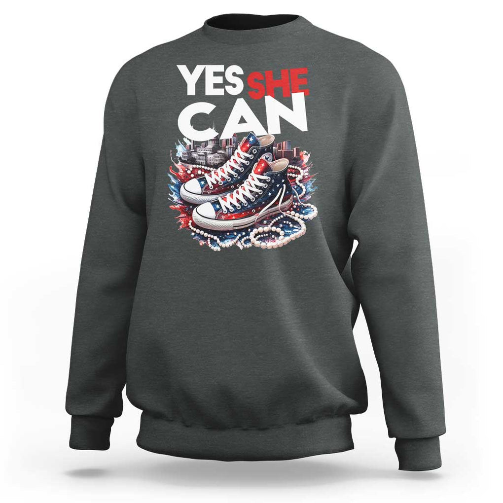 Harris 2024 Sweatshirt Yes She Can Chucks And Pearls American Flag TS11 Dark Heather Print Your Wear