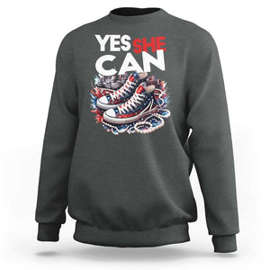 Harris 2024 Sweatshirt Yes She Can Chucks And Pearls American Flag TS11 Dark Heather Print Your Wear