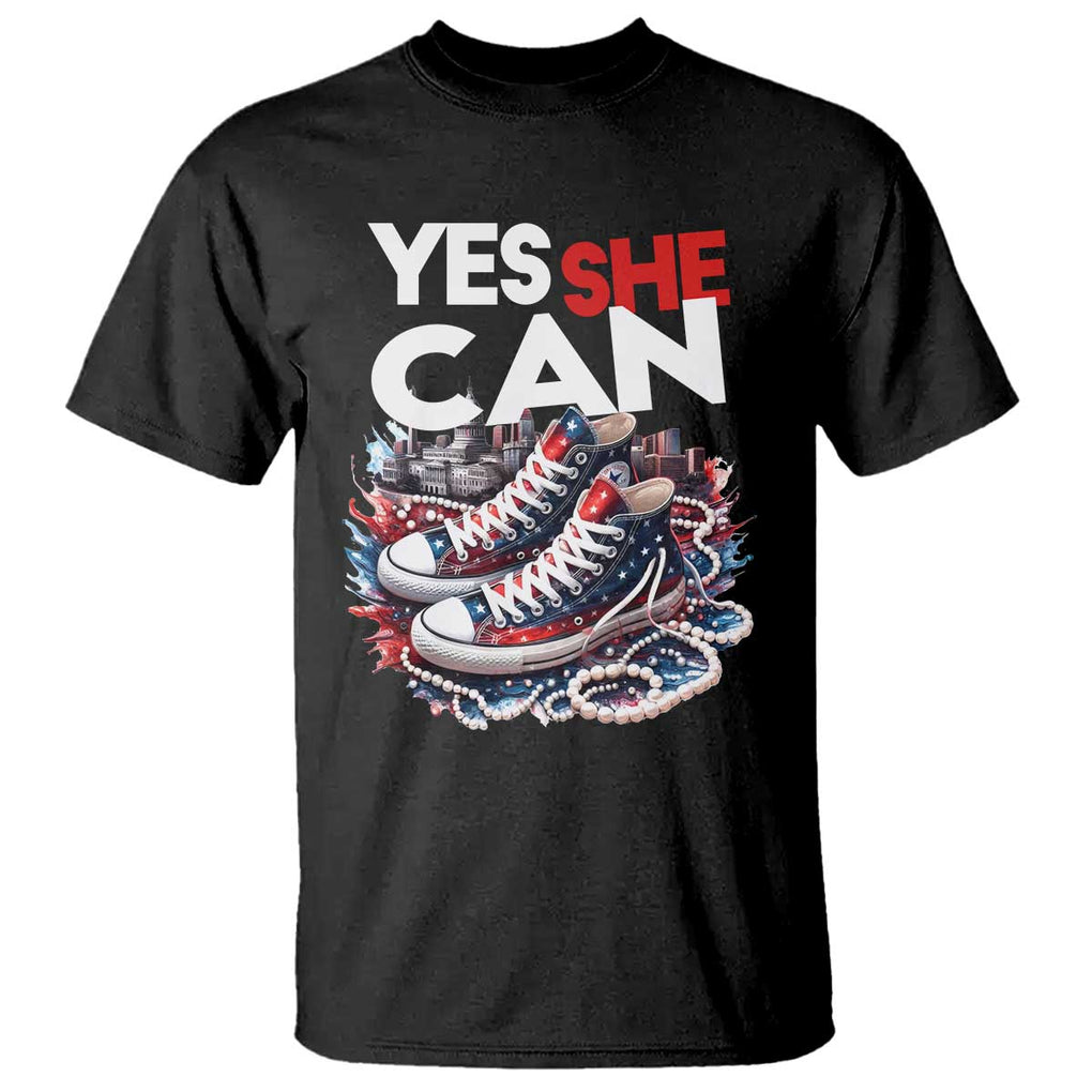 Harris 2024 T Shirt Yes She Can Chucks And Pearls American Flag TS11 Black Print Your Wear