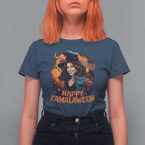 Funny Harris Supporter T Shirt For Women Happy Kamalaween Kamala Witch Halloween Cat TS11 Navy Print Your Wear