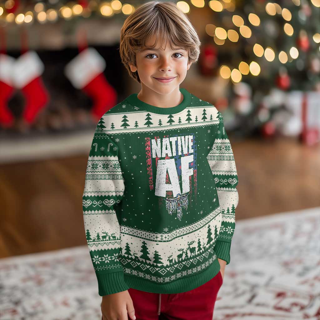 Native American Indian Ugly Christmas Sweater Native AF Indigenous Vintage Thunderbird TS11 Forest Green Beige Print Your Wear