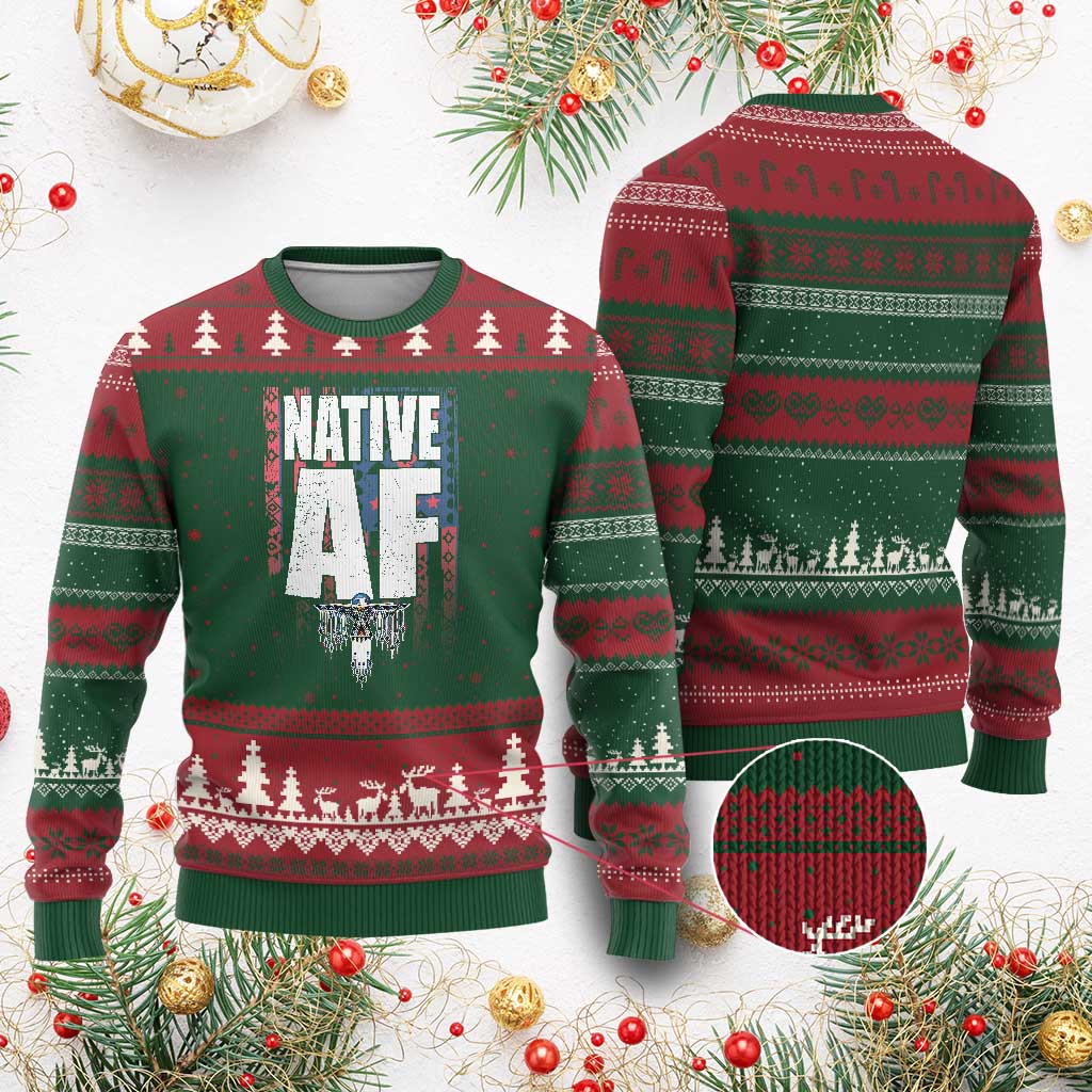 Native American Indian Ugly Christmas Sweater Native AF Indigenous Vintage Thunderbird TS11 Red Green Print Your Wear
