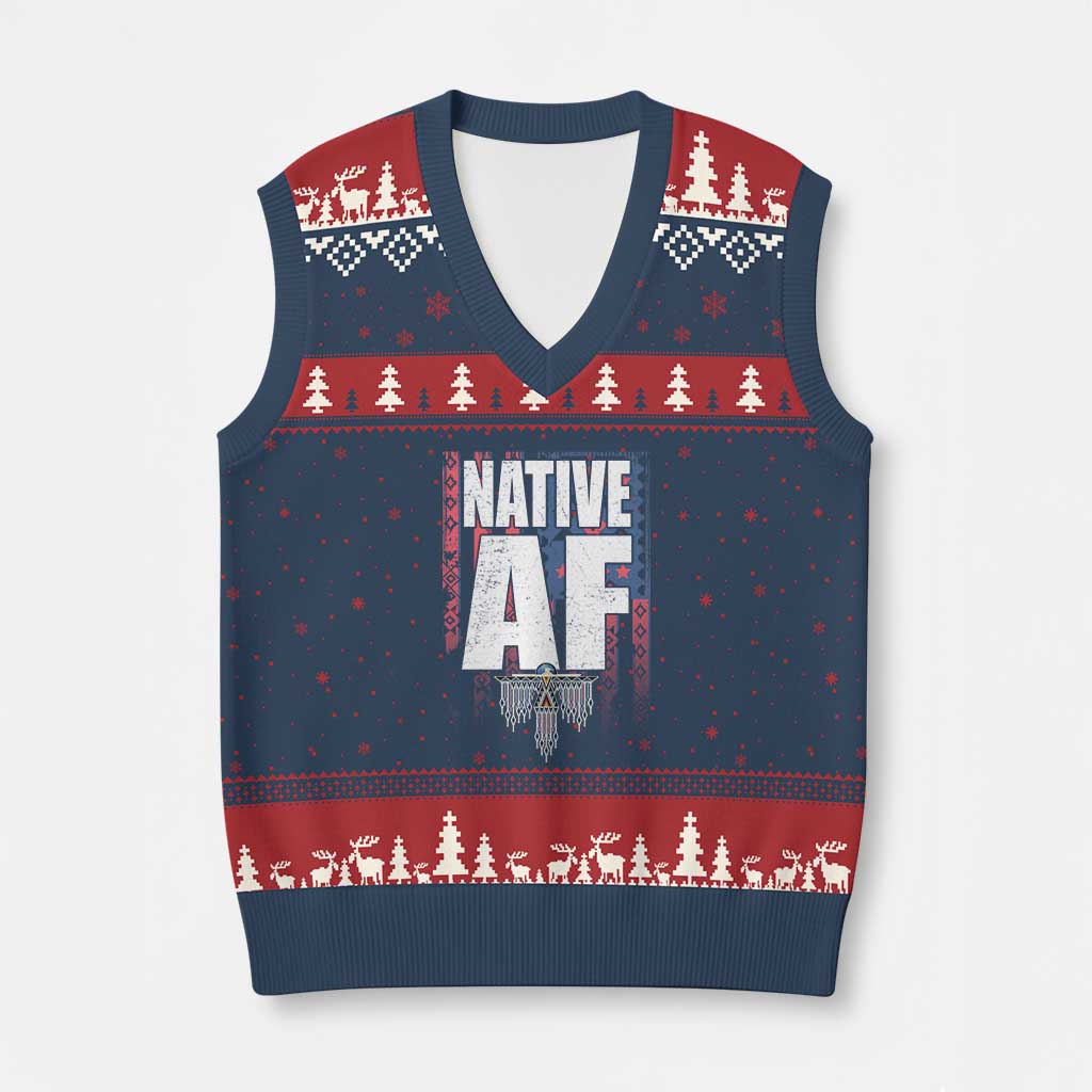 Native American Indian V-Neck Knit Sweater Vest Native AF Indigenous Vintage Thunderbird TS11 Navy Red Print Your Wear