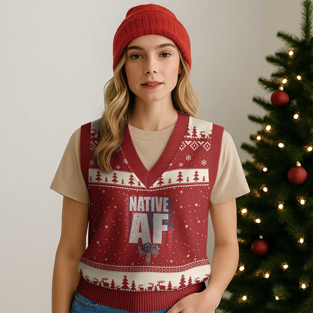 Native American Indian V-Neck Knit Sweater Vest Native AF Indigenous Vintage Thunderbird TS11 Red Beige Print Your Wear