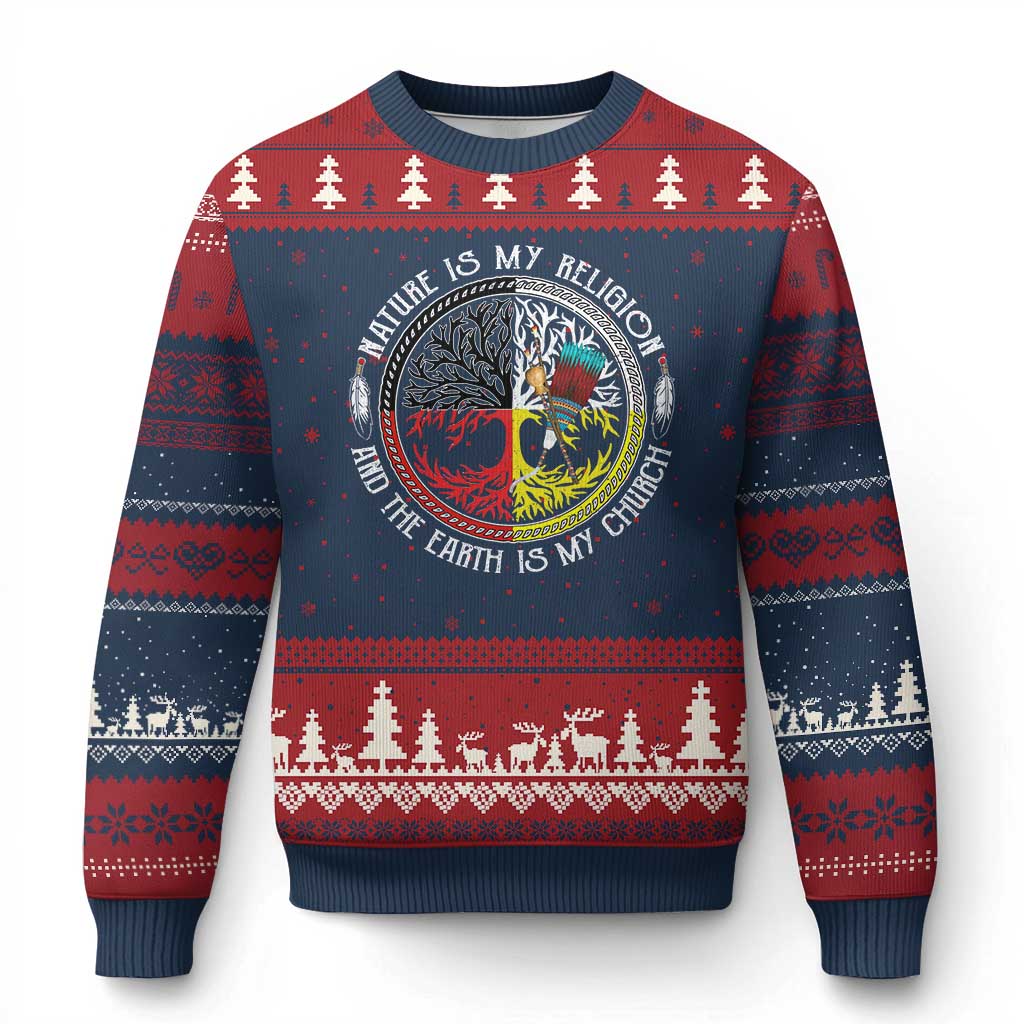 Native Americans Ugly Christmas Sweater Nature Is My Religion And The Earth Is My Church Tree Peyote TS11 Navy Red Print Your Wear