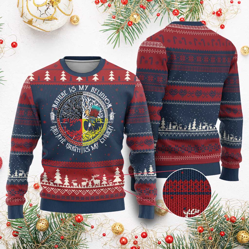 Native Americans Ugly Christmas Sweater Nature Is My Religion And The Earth Is My Church Tree Peyote TS11 Burgundy Print Your Wear