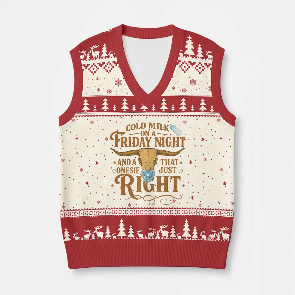Funny Cold Milk On A Friday Night And A Onesie That Fits Just Right V-Neck Knit Sweater Vest Longhorn Cow Skull TS11 Beige Red Print Your Wear
