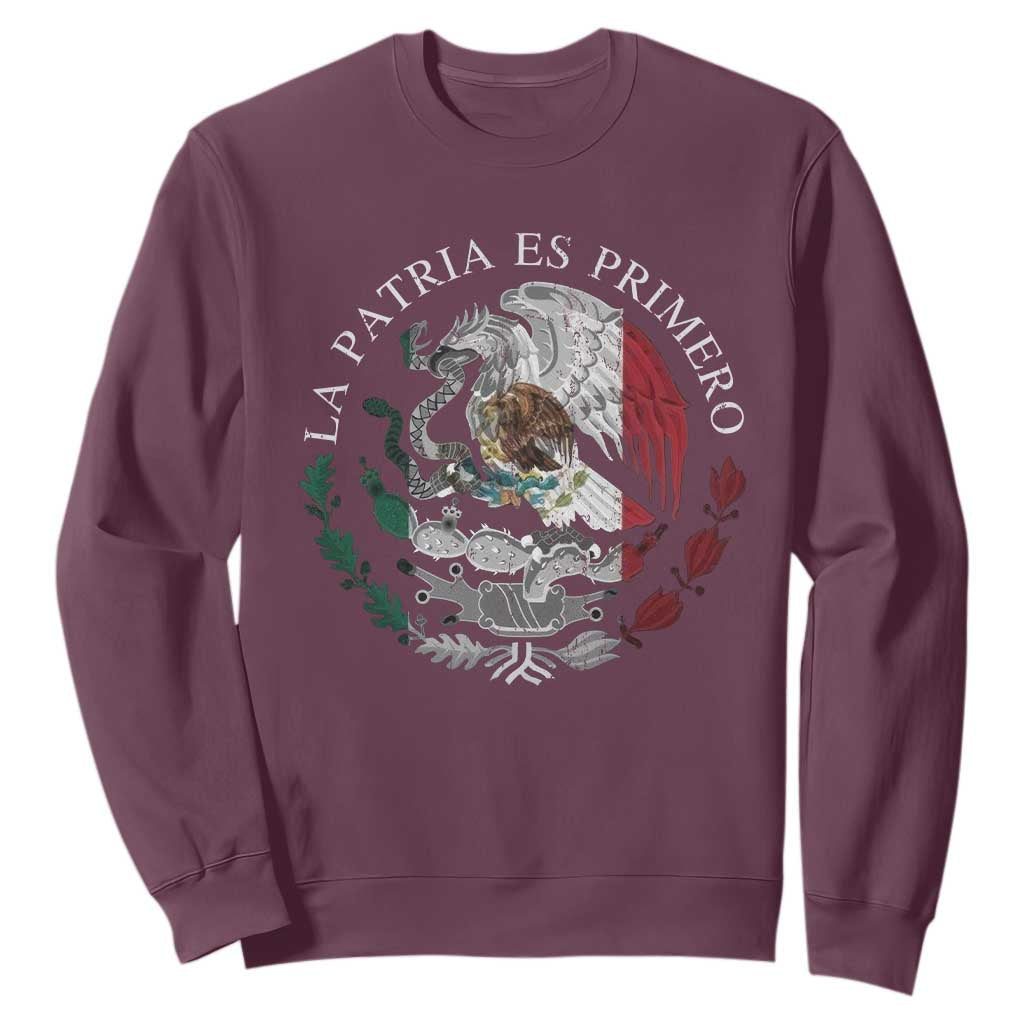 Mexican Pride Sweatshirt La Patria Es Primero Coat Of Arms TS11 Maroon Print Your Wear