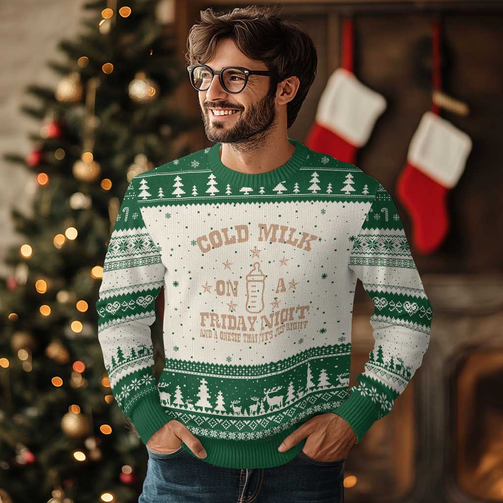Funny Cold Milk On A Friday Night And A Onesie That Fits Just Right Ugly Christmas Sweater TS11 Beige Green Print Your Wear