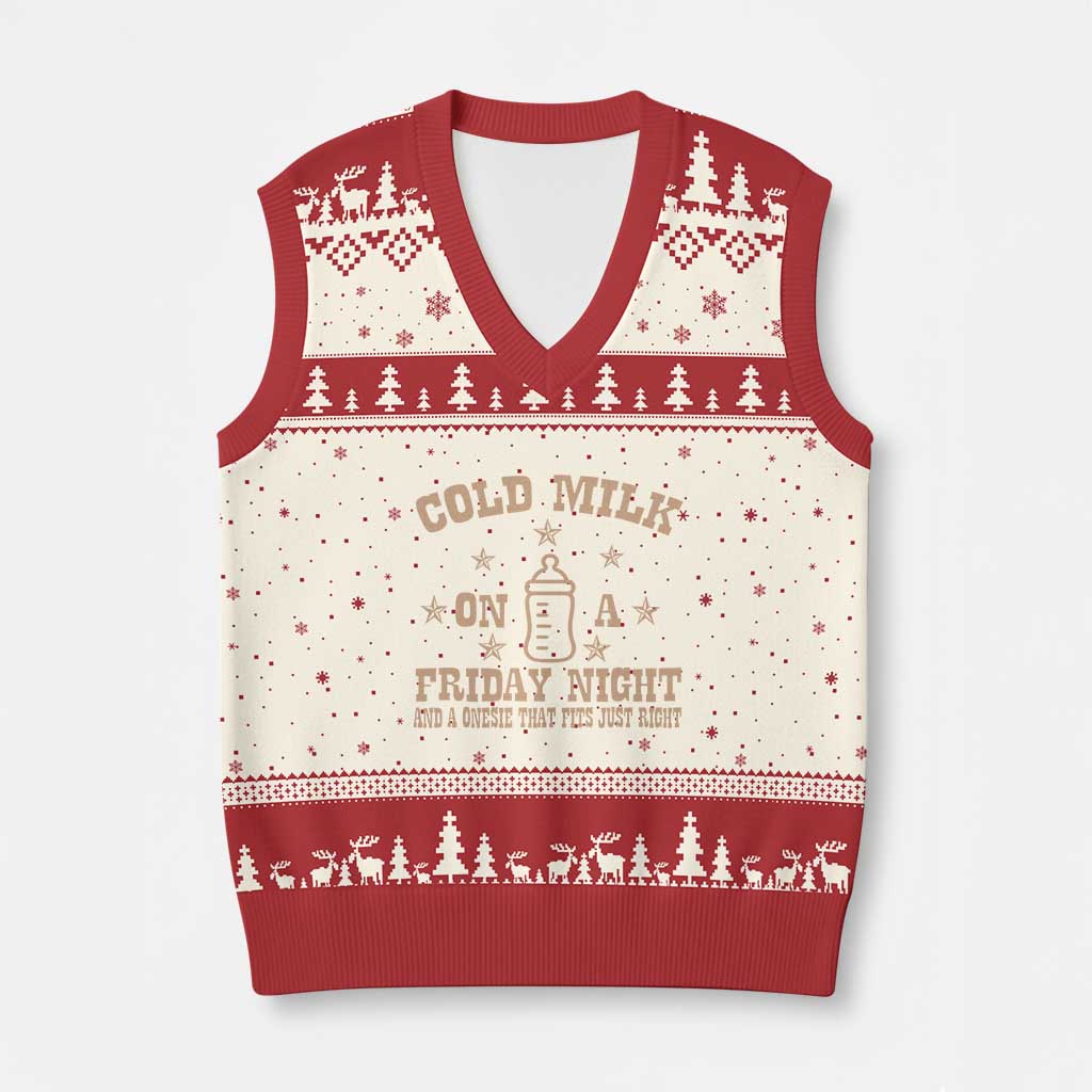 Funny Cold Milk On A Friday Night And A Onesie That Fits Just Right V-Neck Knit Sweater Vest TS11 Beige Red Print Your Wear