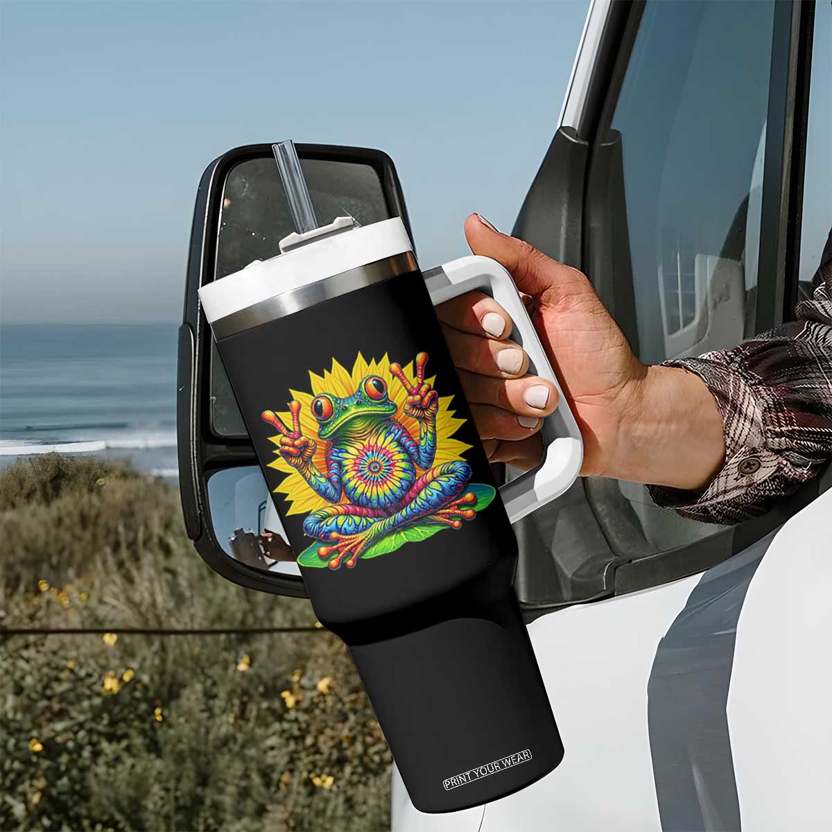 Tie Dye Frog Peace Sign Hippie Sunflower Tumbler With Handle TS11 Print Your Wear