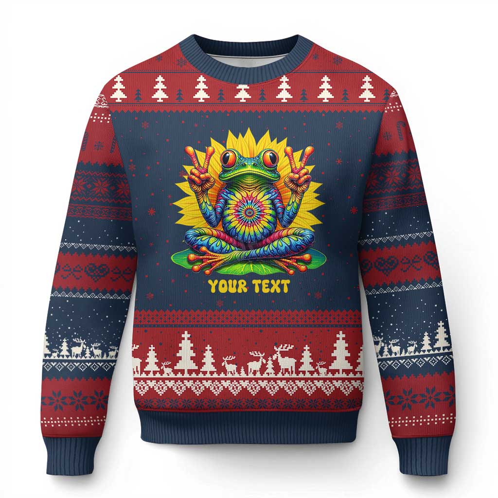 Personalized Tie Dye Hippie Frog Name Ugly Christmas Sweater Custom Text Peace Sign Hippie Sunflower TS11 Navy Red Print Your Wear