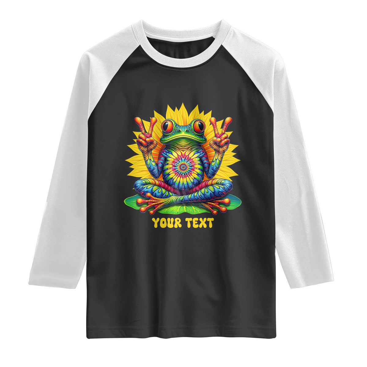 Personalized Tie Dye Hippie Frog Name Raglan Shirt Custom Text Peace Sign Hippie Sunflower TS11 Black White Print Your Wear