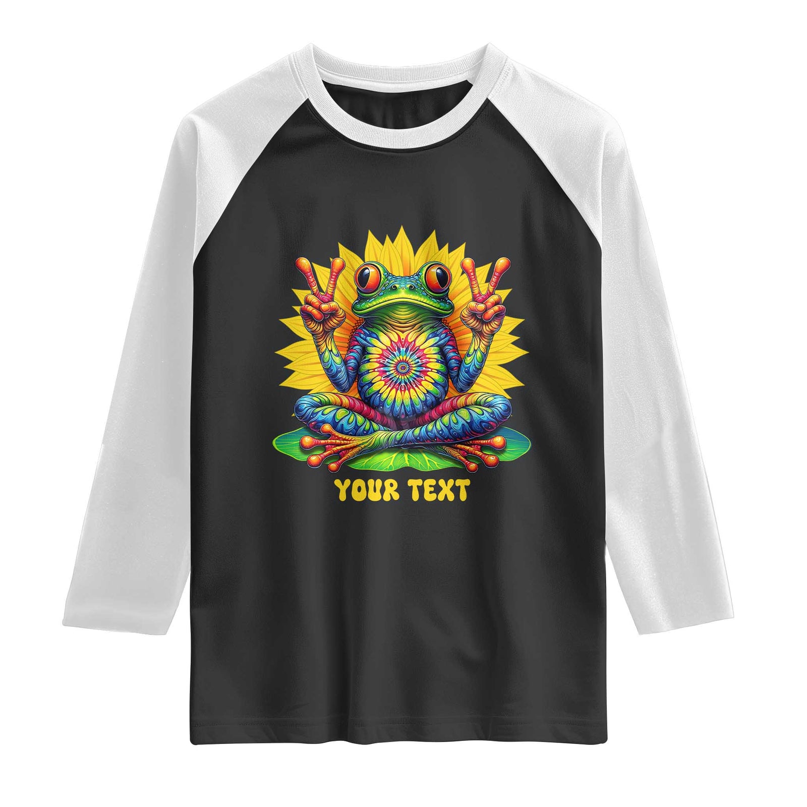 Personalized Tie Dye Hippie Frog Name Raglan Shirt Custom Text Peace Sign Hippie Sunflower TS11 Black White Print Your Wear