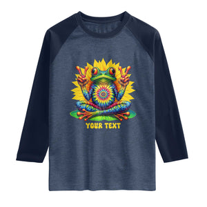Personalized Tie Dye Hippie Frog Name Raglan Shirt Custom Text Peace Sign Hippie Sunflower TS11 Heather Denim Navy Print Your Wear