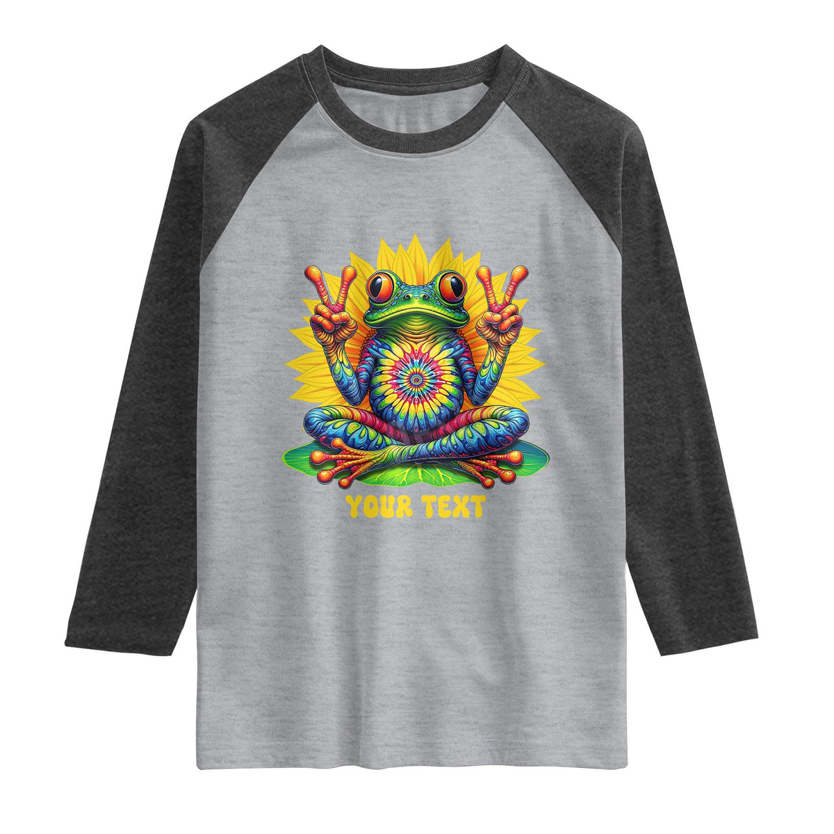 Personalized Tie Dye Hippie Frog Name Raglan Shirt Custom Text Peace Sign Hippie Sunflower TS11 Heather Gray Heather Charcoal Print Your Wear