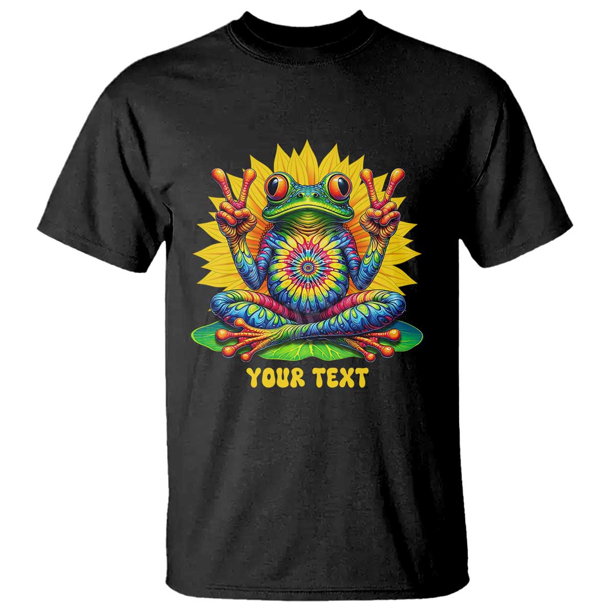 Personalized Tie Dye Hippie Frog Name T Shirt Custom Text Peace Sign Hippie Sunflower TS11 Black Print Your Wear