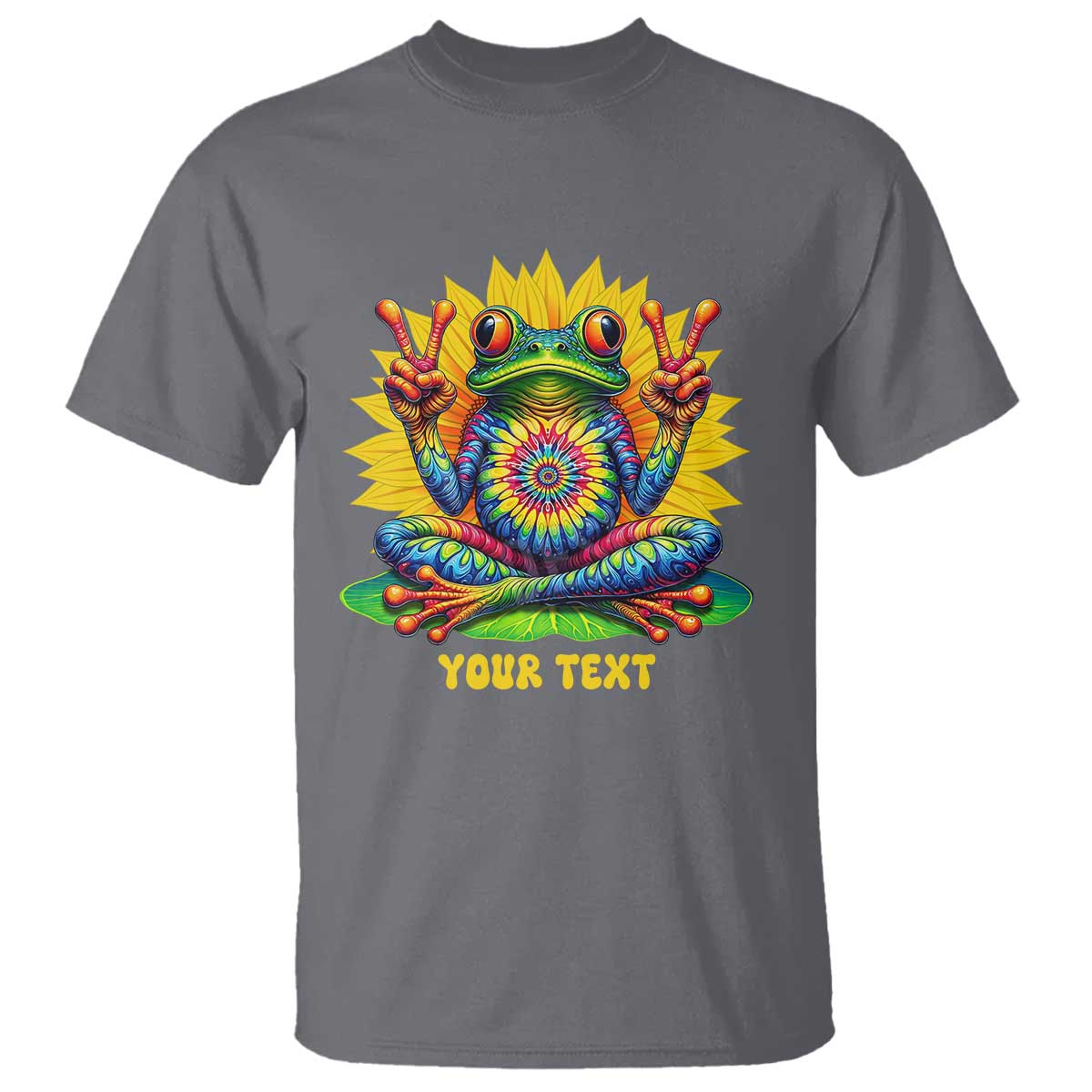 Personalized Tie Dye Hippie Frog Name T Shirt Custom Text Peace Sign Hippie Sunflower TS11 Charcoal Print Your Wear