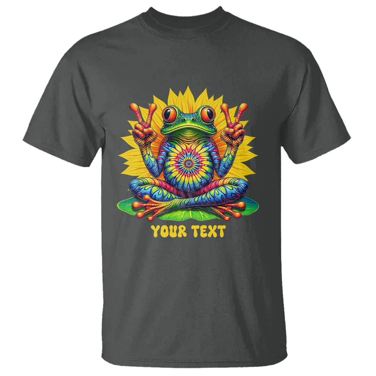 Personalized Tie Dye Hippie Frog Name T Shirt Custom Text Peace Sign Hippie Sunflower TS11 Dark Heather Print Your Wear