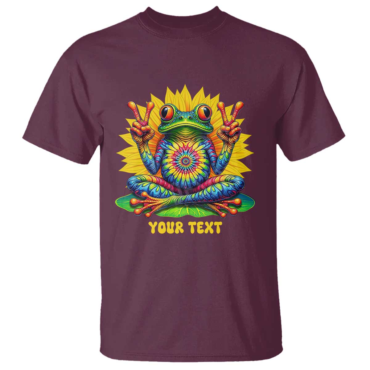 Personalized Tie Dye Hippie Frog Name T Shirt Custom Text Peace Sign Hippie Sunflower TS11 Maroon Print Your Wear