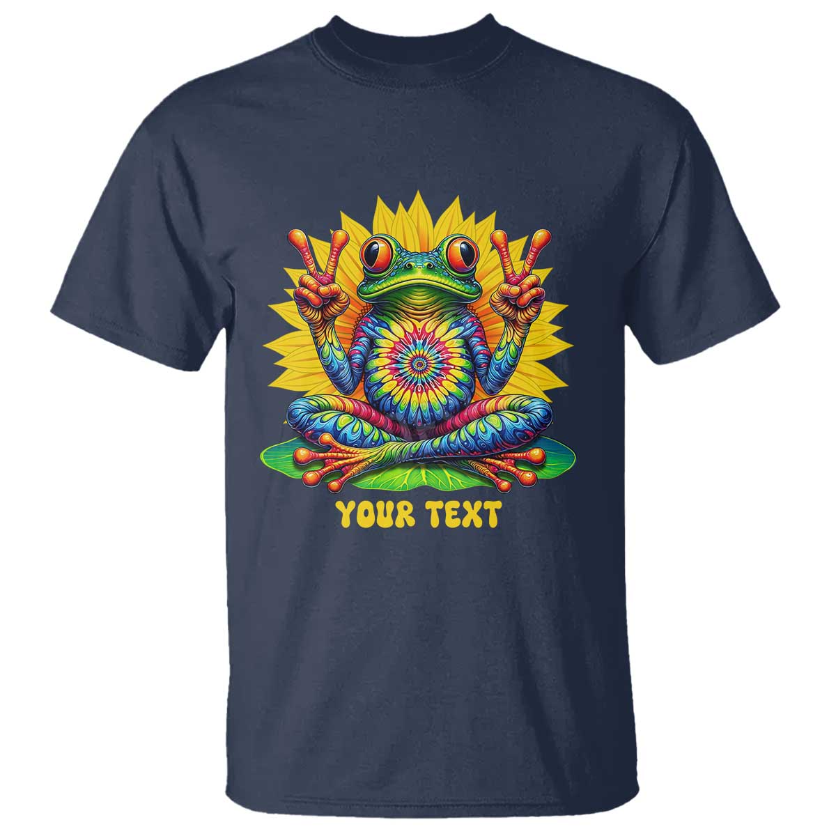 Personalized Tie Dye Hippie Frog Name T Shirt Custom Text Peace Sign Hippie Sunflower TS11 Navy Print Your Wear