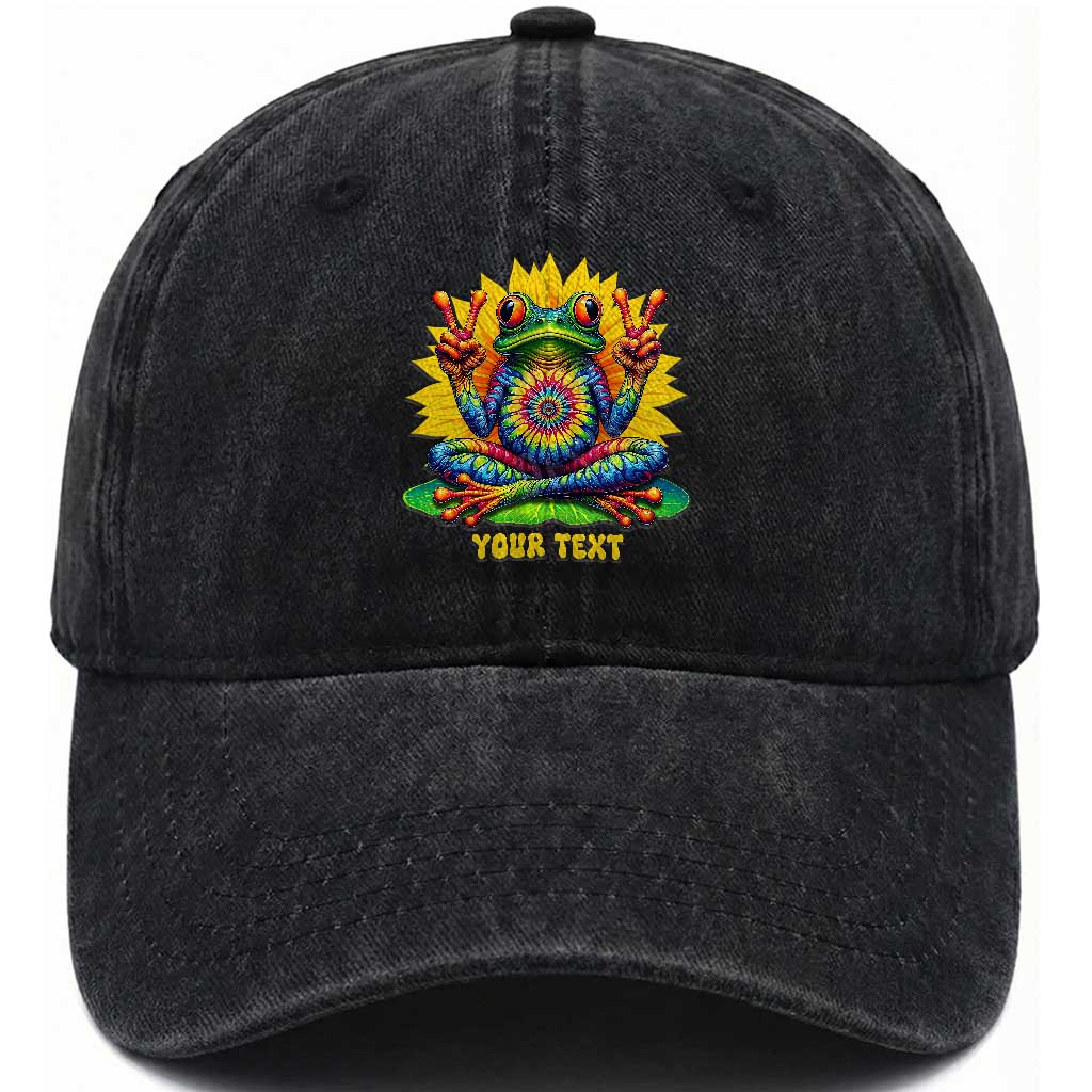 Personalized Tie Dye Hippie Frog Name Washed Cotton Baseball Cap Custom Text Peace Sign Hippie Sunflower TS11 Print Your Wear
