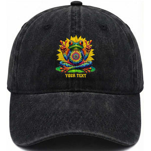 Personalized Tie Dye Hippie Frog Name Washed Cotton Baseball Cap Custom Text Peace Sign Hippie Sunflower TS11 Print Your Wear