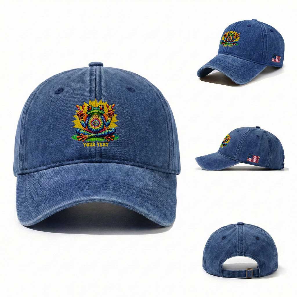 Personalized Tie Dye Hippie Frog Name Washed Cotton Baseball Cap Custom Text Peace Sign Hippie Sunflower TS11 Washed Cap Universal Fit Royal Blue Print Your Wear