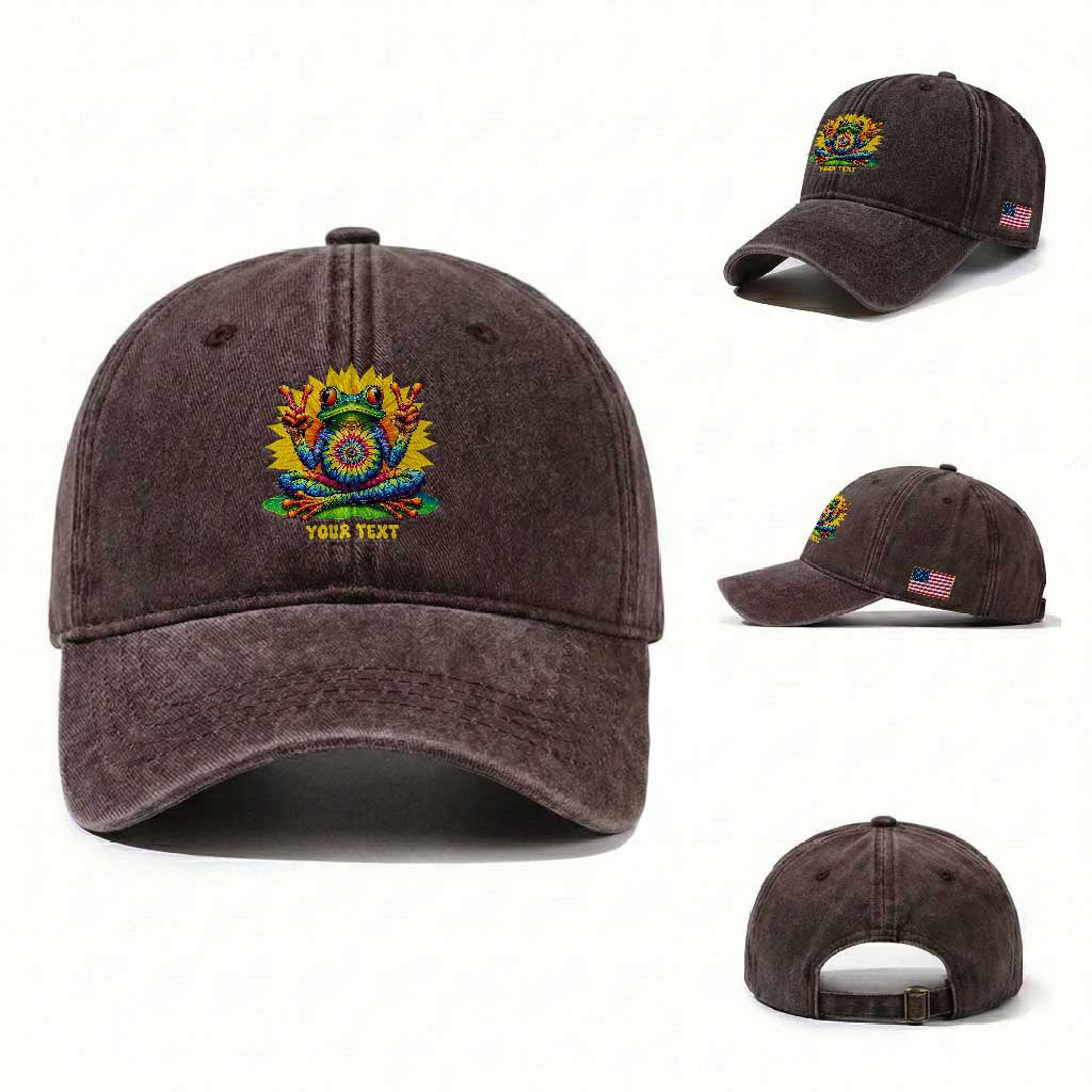 Personalized Tie Dye Hippie Frog Name Washed Cotton Baseball Cap Custom Text Peace Sign Hippie Sunflower TS11 Washed Cap Universal Fit Dark Brown Print Your Wear