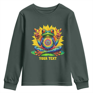 Personalized Tie Dye Hippie Frog Name Youth Sweatshirt Custom Text Peace Sign Hippie Sunflower TS11 Dark Forest Green Print Your Wear