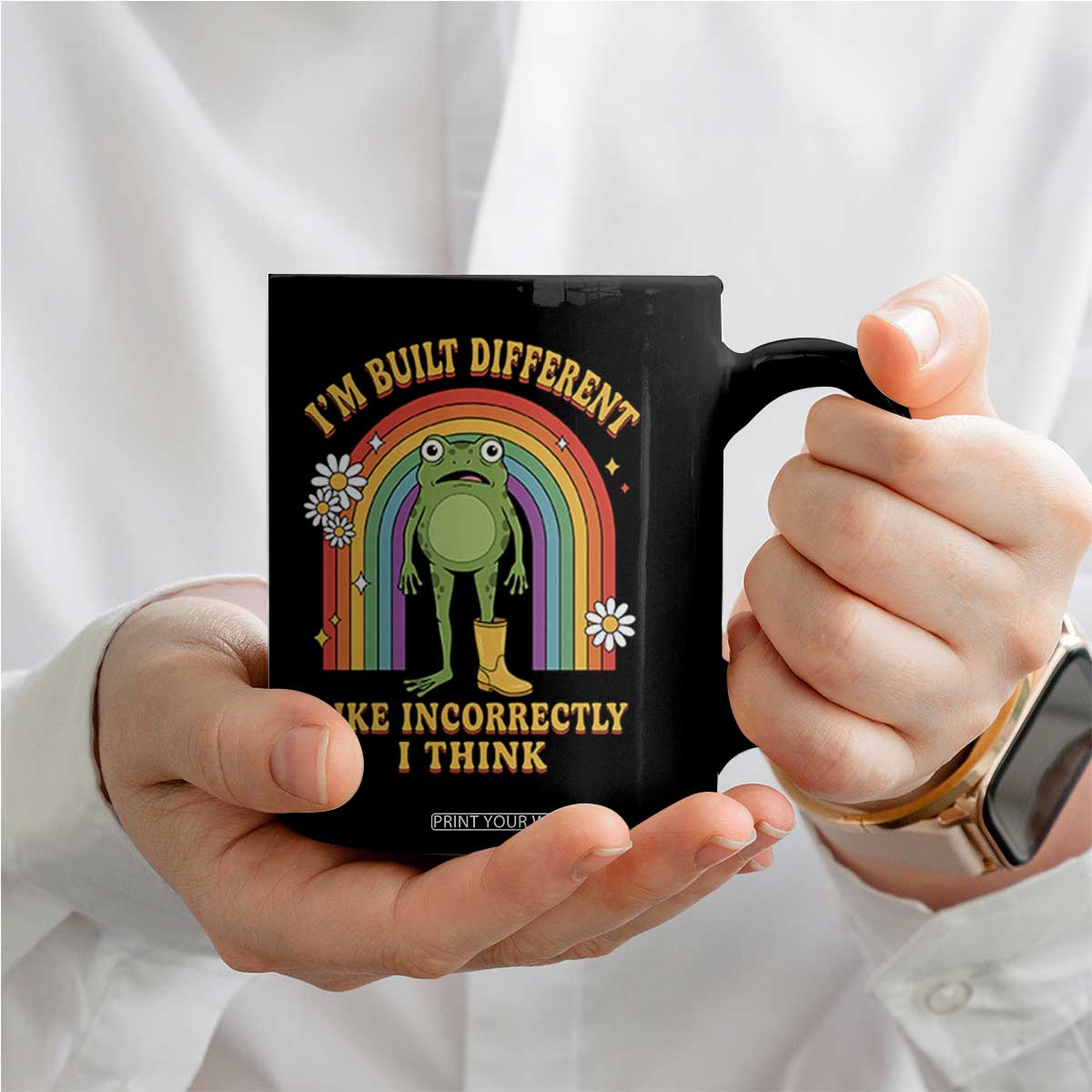 Funny Frog I Am Built Different Like Incorrectly I Think Coffee Mug Mentally Humor Boho Retro Rainbow
