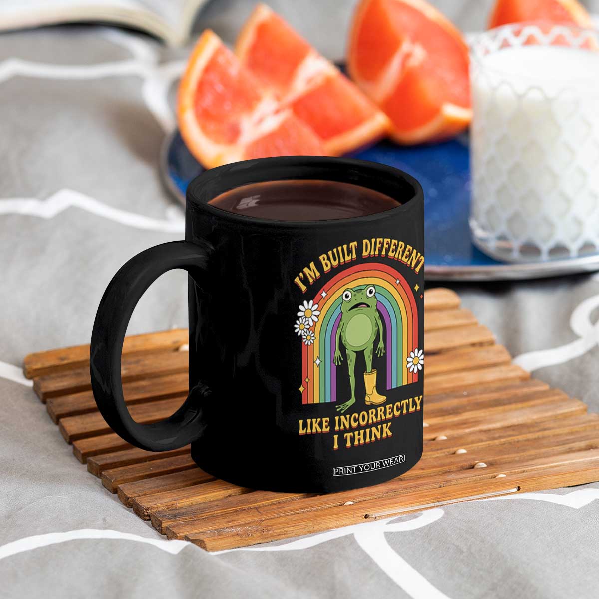Funny Frog I Am Built Different Like Incorrectly I Think Coffee Mug Mentally Humor Boho Retro Rainbow