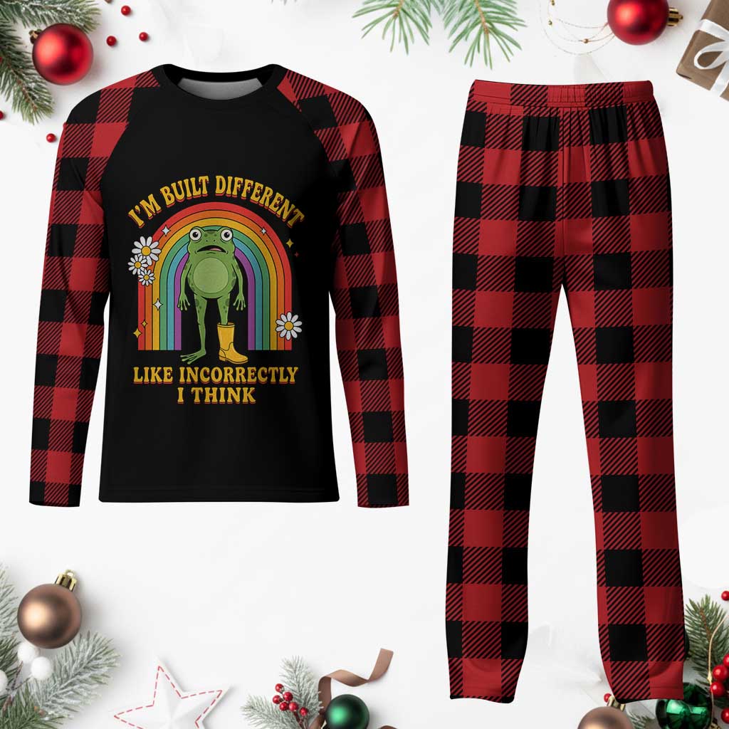Funny Frog I Am Built Different Like Incorrectly I Think Plaid Pajama Set Mentally Humor Boho Retro Rainbow