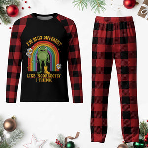 Funny Frog I Am Built Different Like Incorrectly I Think Plaid Pajama Set Mentally Humor Boho Retro Rainbow