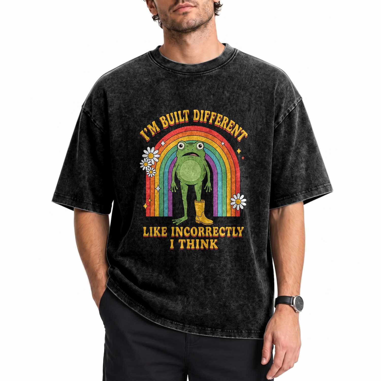 Funny Frog I Am Built Different Like Incorrectly I Think Washed Cotton T-Shirt Mentally Humor Boho Retro Rainbow