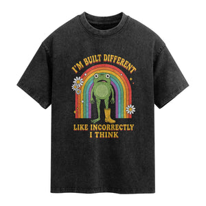 Funny Frog I Am Built Different Like Incorrectly I Think Washed Cotton T-Shirt Mentally Humor Boho Retro Rainbow