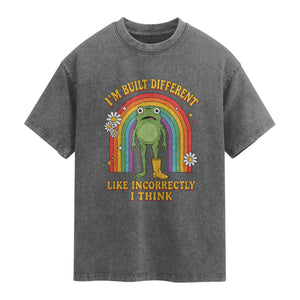 Funny Frog I Am Built Different Like Incorrectly I Think Washed Cotton T-Shirt Mentally Humor Boho Retro Rainbow