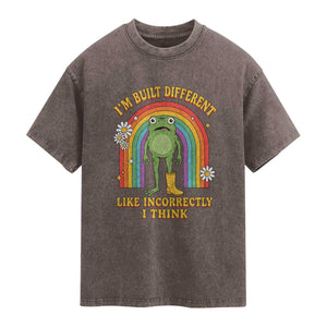Funny Frog I Am Built Different Like Incorrectly I Think Washed Cotton T-Shirt Mentally Humor Boho Retro Rainbow