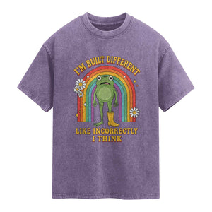 Funny Frog I Am Built Different Like Incorrectly I Think Washed Cotton T-Shirt Mentally Humor Boho Retro Rainbow