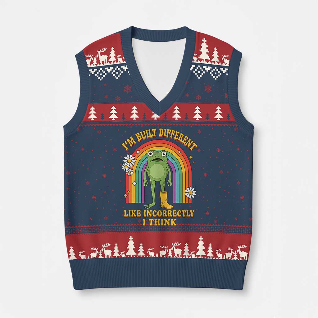 Funny Frog I Am Built Different Like Incorrectly I Think V-Neck Knit Sweater Vest Mentally Humor Boho Retro Rainbow