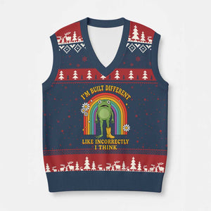 Funny Frog I Am Built Different Like Incorrectly I Think V-Neck Knit Sweater Vest Mentally Humor Boho Retro Rainbow