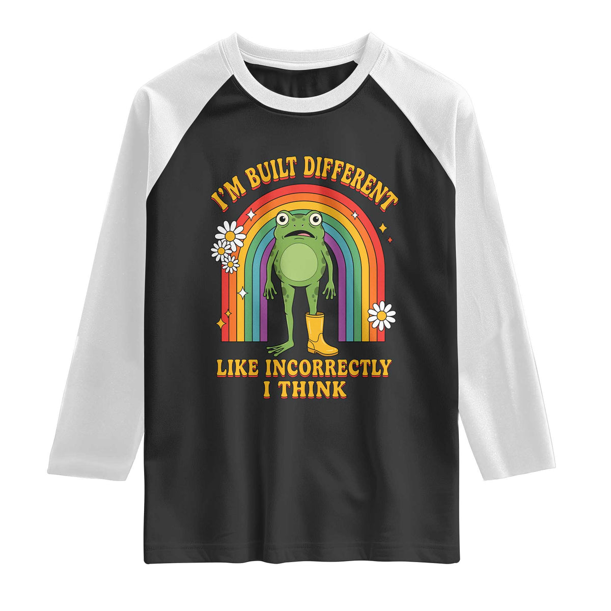 Funny Frog I Am Built Different Like Incorrectly I Think Raglan Shirt Mentally Humor Boho Retro Rainbow