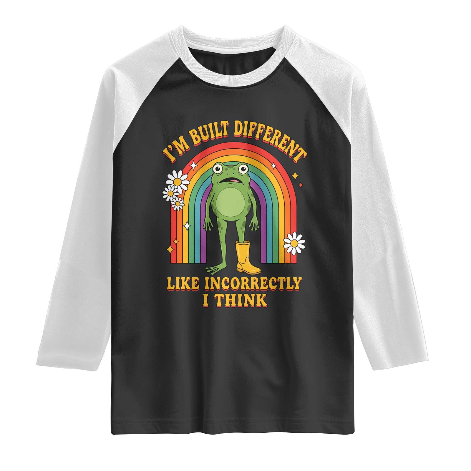 Funny Frog I Am Built Different Like Incorrectly I Think Raglan Shirt Mentally Humor Boho Retro Rainbow