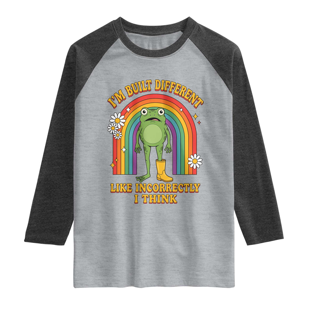 Funny Frog I Am Built Different Like Incorrectly I Think Raglan Shirt Mentally Humor Boho Retro Rainbow