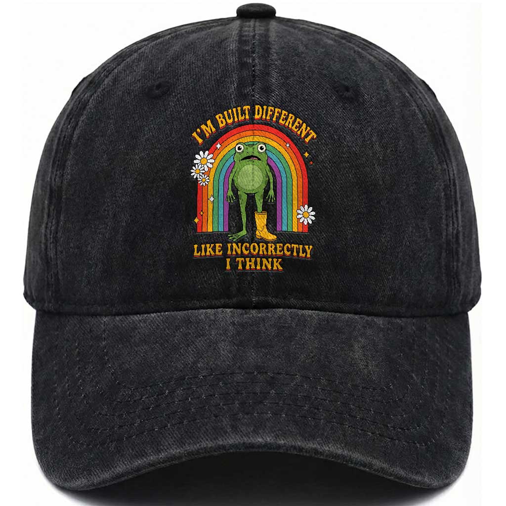 Funny Frog I Am Built Different Like Incorrectly I Think Washed Cotton Baseball Cap Mentally Humor Boho Retro Rainbow