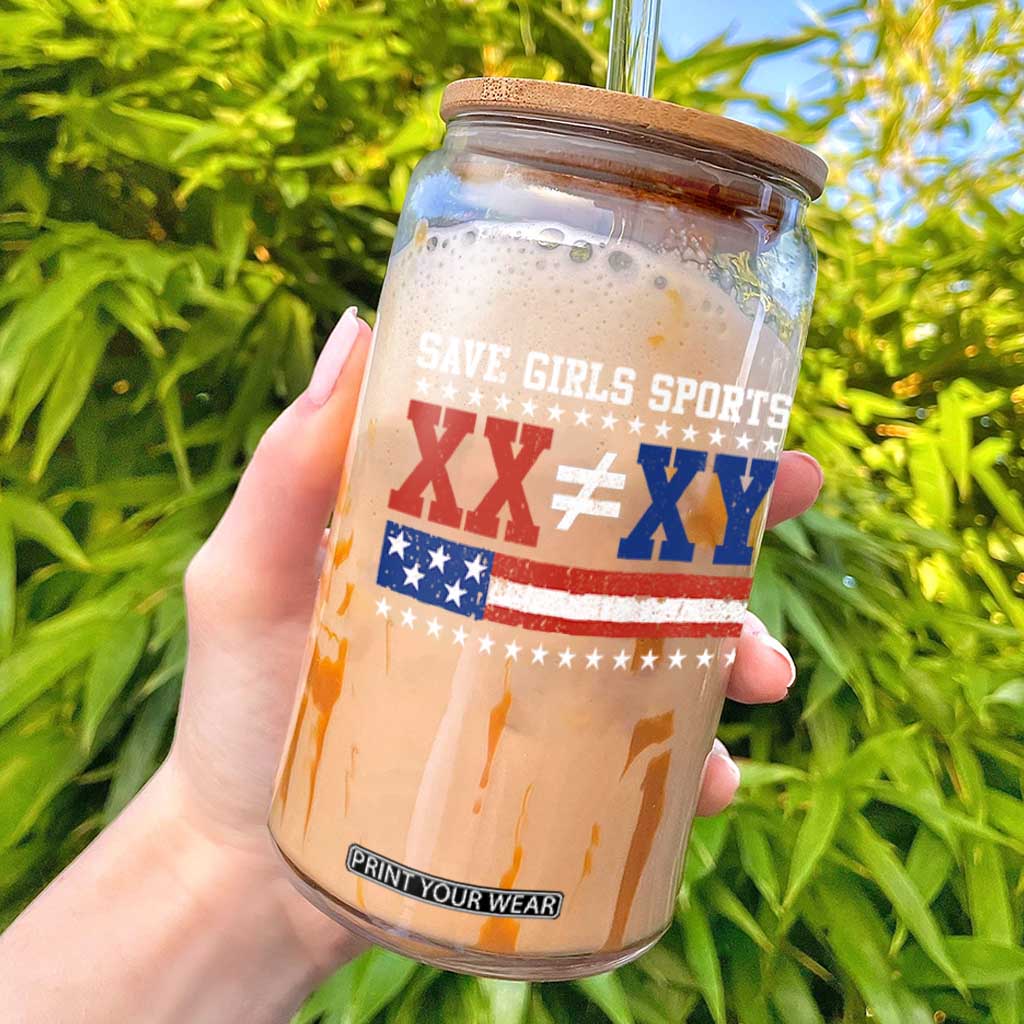 XX Does Not Equal XY Save Girls Sports Glass Can Varsity Athletic Vintage American Flag