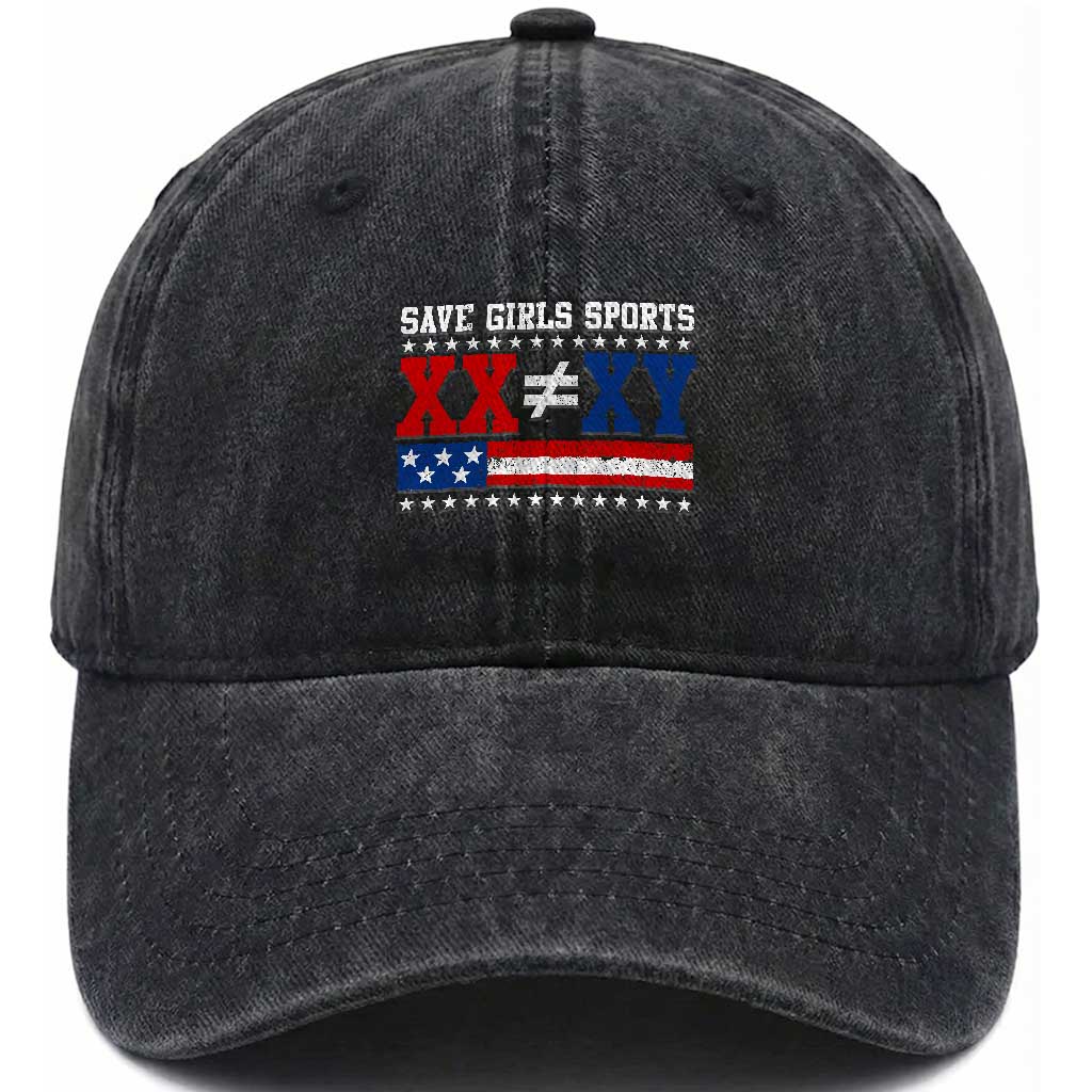 XX Does Not Equal XY Save Girls Sports Washed Cotton Baseball Cap Varsity Athletic Vintage American Flag