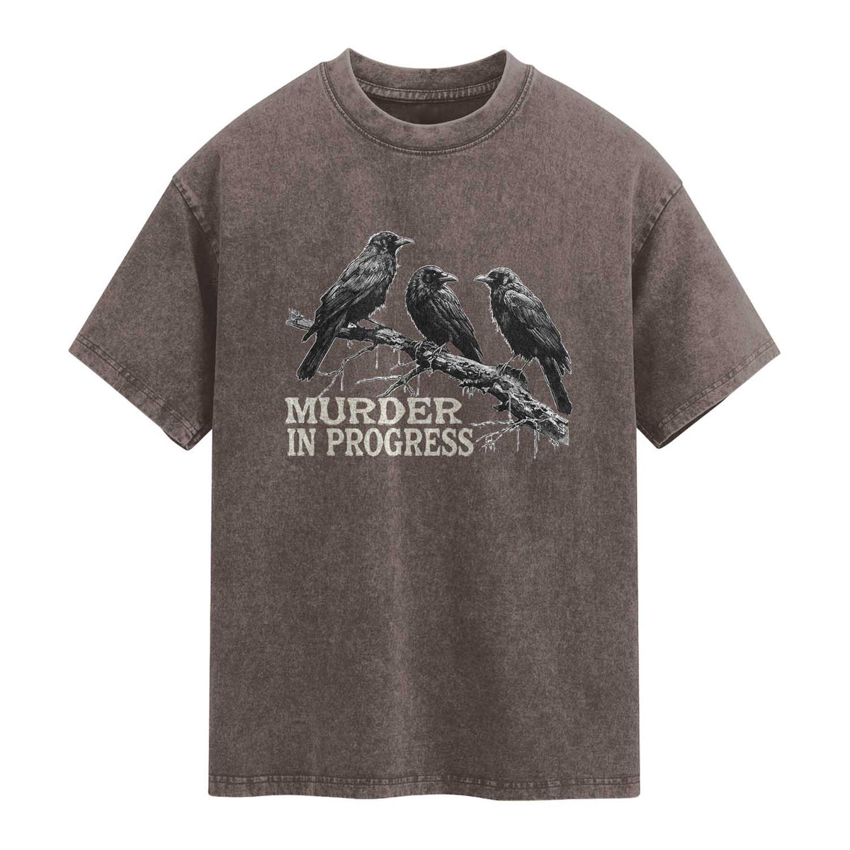 Murder In Progress Funny Crow Washed Cotton T-Shirt Gothic Raven Bird Lover Dark Humor