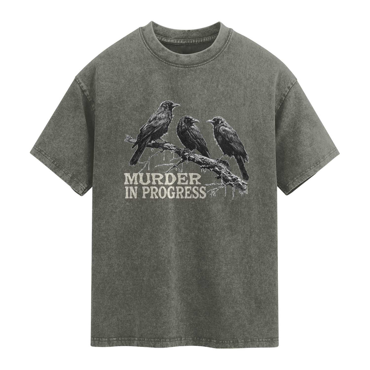 Murder In Progress Funny Crow Washed Cotton T-Shirt Gothic Raven Bird Lover Dark Humor